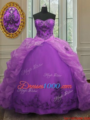 Purple Ball Gowns Sweetheart Sleeveless Organza With Train Court Train Lace Up Beading and Appliques and Pick Ups Quinceanera Dress