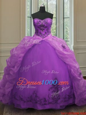 Purple Ball Gowns Sweetheart Sleeveless Organza With Train Court Train Lace Up Beading and Appliques and Pick Ups Quinceanera Dress