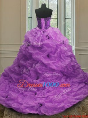 Purple Ball Gowns Sweetheart Sleeveless Organza With Train Court Train Lace Up Beading and Appliques and Pick Ups Quinceanera Dress