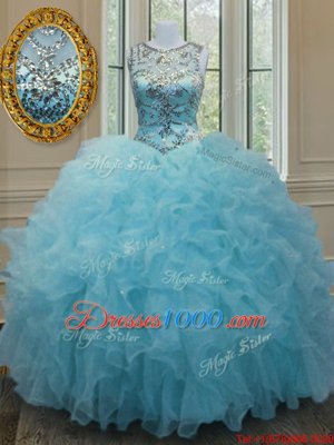 Super Scoop Sleeveless Lace Up Floor Length Beading and Ruffles Sweet 16 Dresses