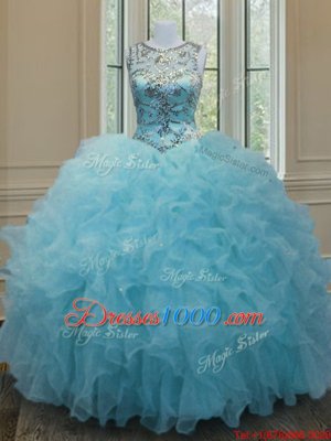 Super Scoop Sleeveless Lace Up Floor Length Beading and Ruffles Sweet 16 Dresses