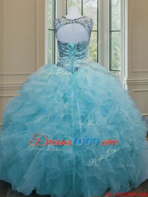 Super Scoop Sleeveless Lace Up Floor Length Beading and Ruffles Sweet 16 Dresses