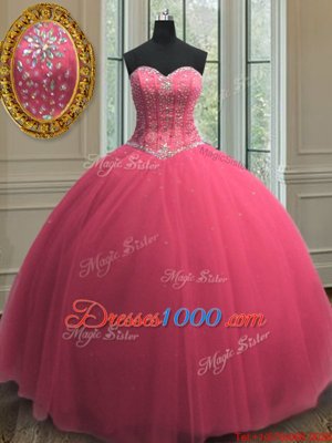 Unique Beading and Sequins Ball Gown Prom Dress Hot Pink Lace Up Sleeveless Floor Length