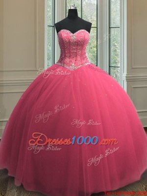 Unique Beading and Sequins Ball Gown Prom Dress Hot Pink Lace Up Sleeveless Floor Length