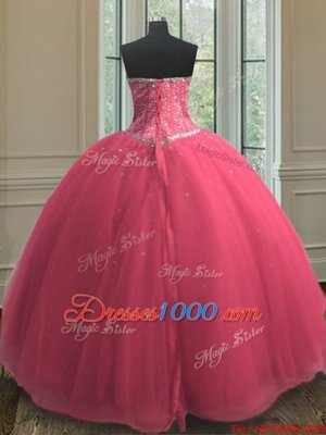 Unique Beading and Sequins Ball Gown Prom Dress Hot Pink Lace Up Sleeveless Floor Length