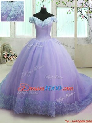 Decent Off the Shoulder Short Sleeves With Train Lace Up Sweet 16 Dresses Lavender and In for Military Ball and Sweet 16 and Quinceanera with Hand Made Flower Court Train