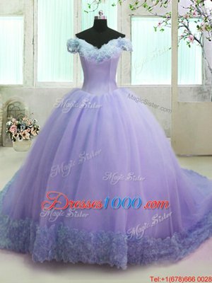 Decent Off the Shoulder Short Sleeves With Train Lace Up Sweet 16 Dresses Lavender and In for Military Ball and Sweet 16 and Quinceanera with Hand Made Flower Court Train