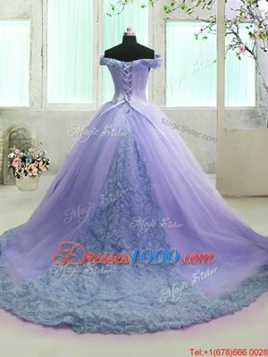 Decent Off the Shoulder Short Sleeves With Train Lace Up Sweet 16 Dresses Lavender and In for Military Ball and Sweet 16 and Quinceanera with Hand Made Flower Court Train