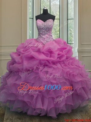 Decent Lilac Ball Gowns Organza Sweetheart Sleeveless Beading and Ruffles and Pick Ups Floor Length Lace Up Sweet 16 Quinceanera Dress