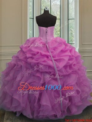 Decent Lilac Ball Gowns Organza Sweetheart Sleeveless Beading and Ruffles and Pick Ups Floor Length Lace Up Sweet 16 Quinceanera Dress