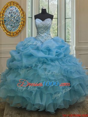 High Class Baby Blue Ball Gowns Beading and Ruffles and Pick Ups Sweet 16 Quinceanera Dress Lace Up Organza Sleeveless Floor Length
