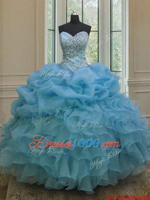 High Class Baby Blue Ball Gowns Beading and Ruffles and Pick Ups Sweet 16 Quinceanera Dress Lace Up Organza Sleeveless Floor Length