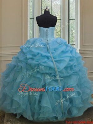 High Class Baby Blue Ball Gowns Beading and Ruffles and Pick Ups Sweet 16 Quinceanera Dress Lace Up Organza Sleeveless Floor Length