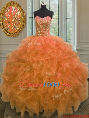 On Sale Orange Sweetheart Neckline Beading and Ruffles Quinceanera Gowns Sleeveless Lace Up