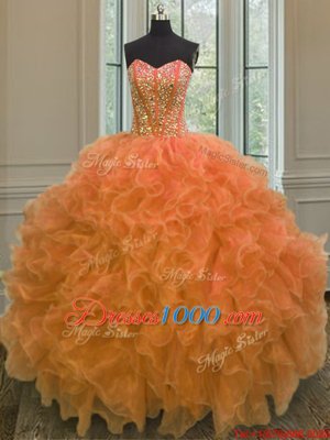 On Sale Orange Sweetheart Neckline Beading and Ruffles Quinceanera Gowns Sleeveless Lace Up