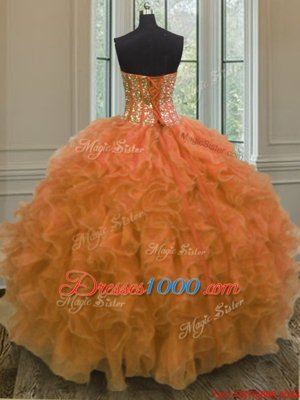 On Sale Orange Sweetheart Neckline Beading and Ruffles Quinceanera Gowns Sleeveless Lace Up