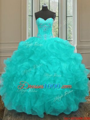 Elegant Sweetheart Sleeveless Lace Up Vestidos de Quinceanera Aqua Blue Organza