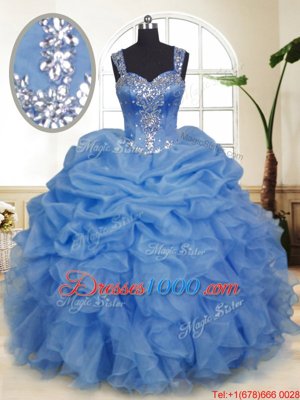 Sleeveless Floor Length Beading and Ruffles and Pick Ups Zipper Quinceanera Dress with Blue