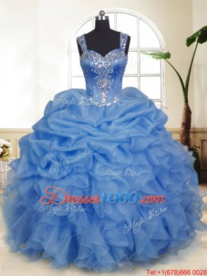 Sleeveless Floor Length Beading and Ruffles and Pick Ups Zipper Quinceanera Dress with Blue