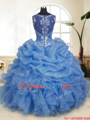 Sleeveless Floor Length Beading and Ruffles and Pick Ups Zipper Quinceanera Dress with Blue