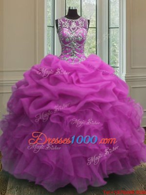 Scoop Sleeveless Floor Length Beading and Ruffles and Pick Ups Lace Up Sweet 16 Dresses with Fuchsia