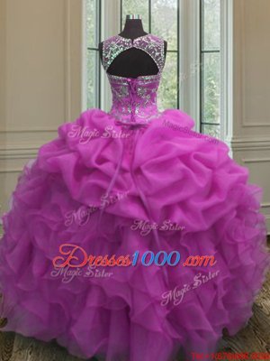 Scoop Sleeveless Floor Length Beading and Ruffles and Pick Ups Lace Up Sweet 16 Dresses with Fuchsia