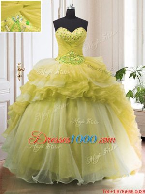 Glorious With Train Lace Up Vestidos de Quinceanera Light Yellow and In for Military Ball and Sweet 16 and Quinceanera with Beading and Ruffled Layers Court Train