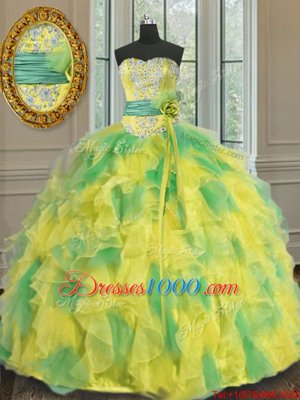 Multi-color Lace Up Halter Top Beading and Appliques and Ruffles and Sashes|ribbons and Hand Made Flower 15 Quinceanera Dress Organza Sleeveless
