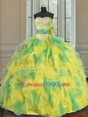 Multi-color Lace Up Halter Top Beading and Appliques and Ruffles and Sashes|ribbons and Hand Made Flower 15 Quinceanera Dress Organza Sleeveless