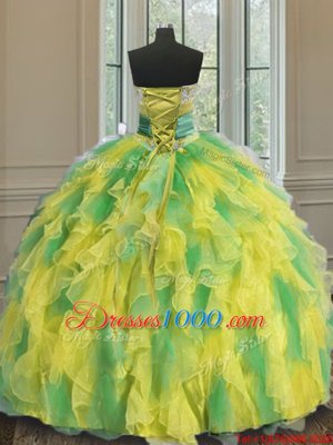 Multi-color Lace Up Halter Top Beading and Appliques and Ruffles and Sashes|ribbons and Hand Made Flower 15 Quinceanera Dress Organza Sleeveless