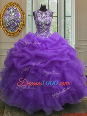 Perfect Purple Organza Lace Up Scoop Sleeveless Floor Length Quince Ball Gowns Beading and Ruffles and Pick Ups