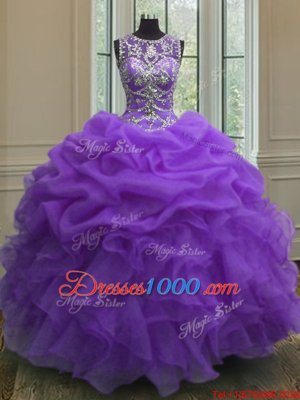 Perfect Purple Organza Lace Up Scoop Sleeveless Floor Length Quince Ball Gowns Beading and Ruffles and Pick Ups