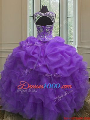 Perfect Purple Organza Lace Up Scoop Sleeveless Floor Length Quince Ball Gowns Beading and Ruffles and Pick Ups