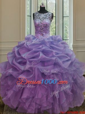 Cheap Scoop Lavender Sleeveless Beading and Ruffles and Pick Ups Floor Length Vestidos de Quinceanera