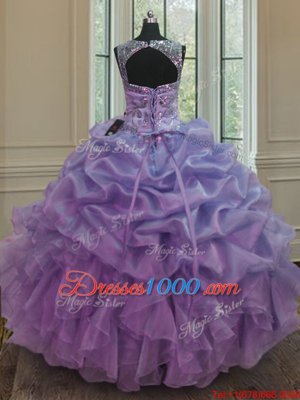 Cheap Scoop Lavender Sleeveless Beading and Ruffles and Pick Ups Floor Length Vestidos de Quinceanera