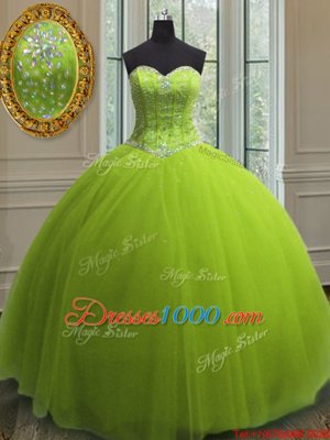 Comfortable Sleeveless Floor Length Beading and Sequins Lace Up 15th Birthday Dress with Yellow Green