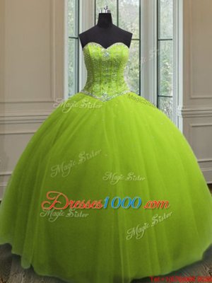 Comfortable Sleeveless Floor Length Beading and Sequins Lace Up 15th Birthday Dress with Yellow Green