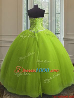 Comfortable Sleeveless Floor Length Beading and Sequins Lace Up 15th Birthday Dress with Yellow Green