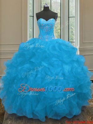 Pretty Beading and Ruffles Quinceanera Gowns Blue Lace Up Sleeveless