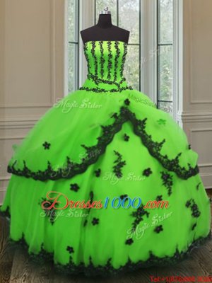 Fashionable Ball Gowns Strapless Sleeveless Organza Floor Length Lace Up Appliques Sweet 16 Dress