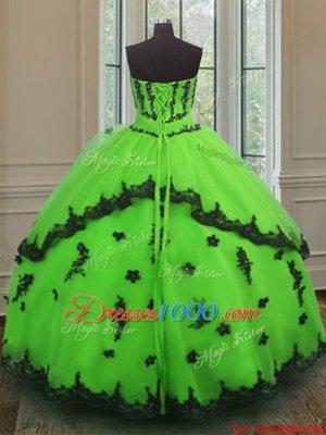 Fashionable Ball Gowns Strapless Sleeveless Organza Floor Length Lace Up Appliques Sweet 16 Dress