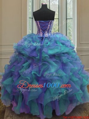 Sweetheart Sleeveless Quince Ball Gowns Floor Length Beading and Ruffles Multi-color Organza