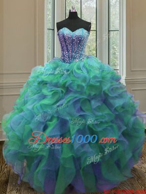 Multi-color Ball Gowns Sweetheart Sleeveless Organza Floor Length Lace Up Beading and Ruffles 15 Quinceanera Dress