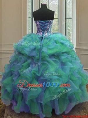 Multi-color Ball Gowns Sweetheart Sleeveless Organza Floor Length Lace Up Beading and Ruffles 15 Quinceanera Dress