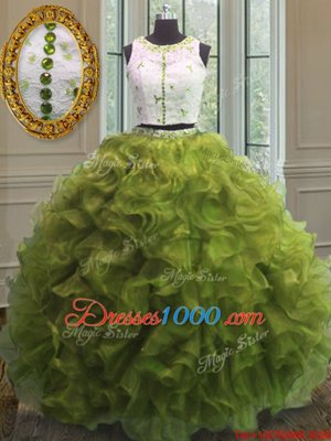 Scoop Clasp Handle Olive Green Sleeveless Appliques and Ruffles Floor Length Sweet 16 Dress