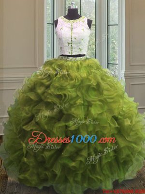 Scoop Clasp Handle Olive Green Sleeveless Appliques and Ruffles Floor Length Sweet 16 Dress