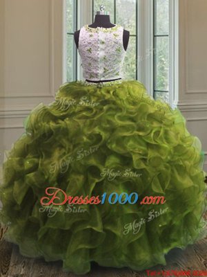 Scoop Clasp Handle Olive Green Sleeveless Appliques and Ruffles Floor Length Sweet 16 Dress