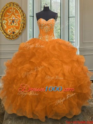Orange Lace Up Sweetheart Beading and Embroidery and Ruffles Quinceanera Dress Organza Sleeveless