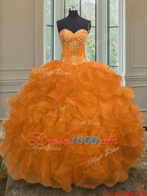 Orange Lace Up Sweetheart Beading and Embroidery and Ruffles Quinceanera Dress Organza Sleeveless