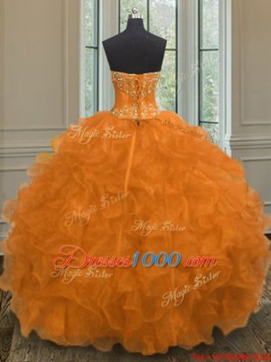 Orange Lace Up Sweetheart Beading and Embroidery and Ruffles Quinceanera Dress Organza Sleeveless